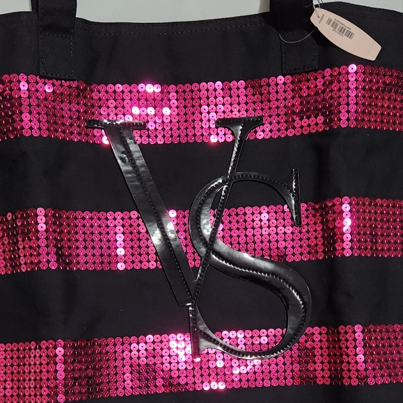 NWT Victoria's Secret Sequin Pink Black Stripes Large Bling Tote Bag - Picture 3 of 5